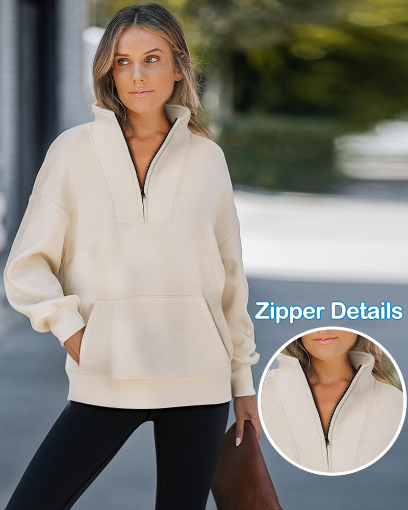 High Neck Half Zip Long Sleeve Kangaroo Pocket Sweatshirt Casual Drop Shoulder Top