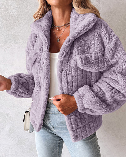 Textured Striped Turn-down Collar Button Front Elastic Cuff and Hem Teddy Fleece Jacket With Decorative Flap Pockets