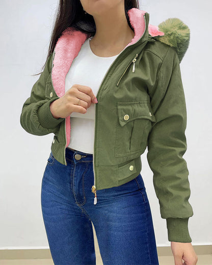 Fuzzy Trim Jacket Hooded Zip Up Fleece Lined Coat Outwear with Pockets