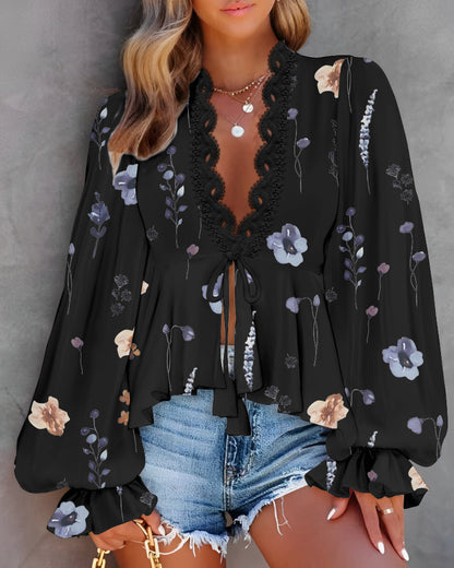 Floral Print Deep V-Neck Lantern Sleeve Casual Contrast Lace Tied Detail Blouse