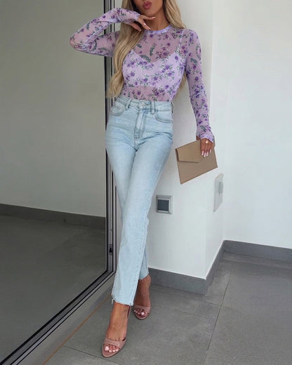 Women's Floral Print Sheer Mesh Top Long Sleeve Slim Fit Crewneck Layering Top with Thumb Hole Cuffs