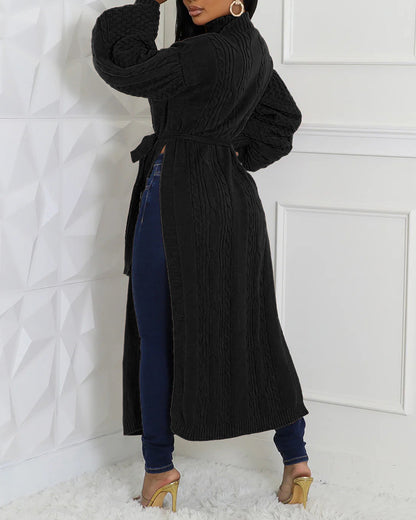 Cable Textured High Neck Lantern Sleeve Bow Tie Waist Sweater Casual High Slit Knit Longline Top