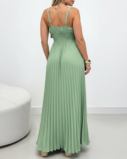 French Style Adjustable Spaghetti Straps Pleated Overlay Design Cami Dress Casual Cinched Waist Shirred Back Pleated Vacation Dress