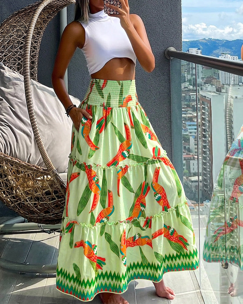 Women's Tropical Toucan Maxi Skirt Shirred High Waist Ruffle Boho Skirt Flowy A-Line Skirt with Pockets
