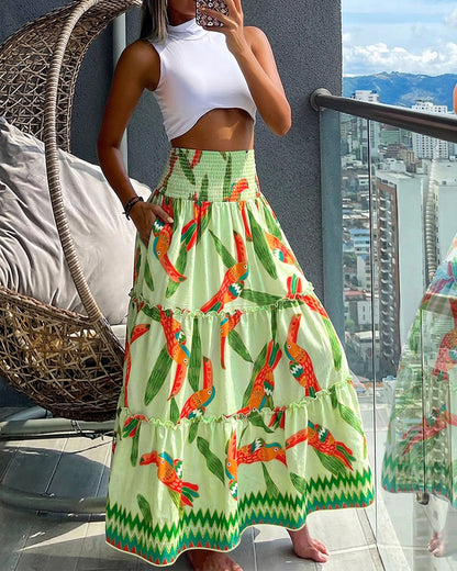 Women's Tropical Toucan Maxi Skirt Shirred High Waist Ruffle Boho Skirt Flowy A-Line Skirt with Pockets