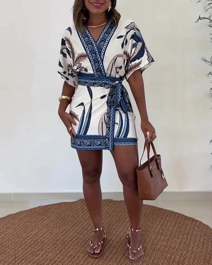 Women's Tropical Print Romper V Neck Wrap Knot Side Jumpsuit Half Sleeve Beach Vacation Summer Skorts Romper
