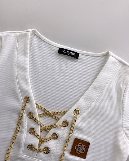 Chain Decor Lace Up V Neck Short Sleeve T-Shirt Casual Rhinestone Patch Slim Fit Top