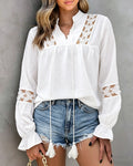 Women's Butterfly Lace Patchwork Jacquard Shirt V-Neck Tassel Tie Blouse Loose Fit Flared Cuffs Hollow-Out Top
