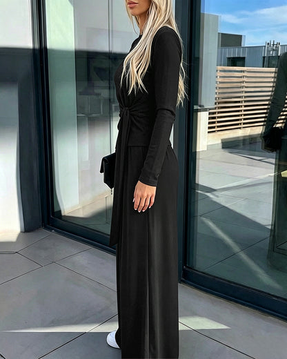 Women's 2 Piece Knit Lounge Set Long Sleeve Tie Waist Top and High Waisted Wide Leg Pants Casual Soft Sweatsuit with Pockets