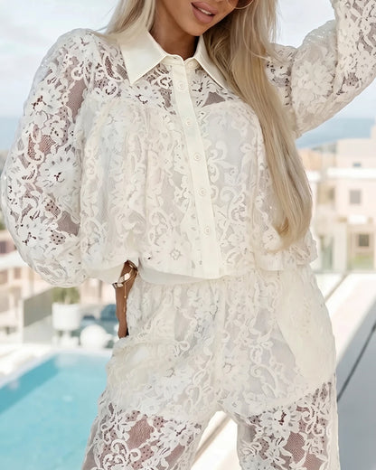 Women's Floral Lace Two Piece Set Puff Sleeve Cropped Shirt and High Waist Jogger Pants Vacation Outfit