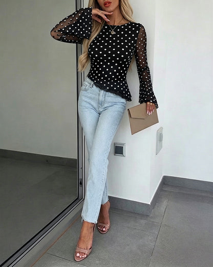 Women's Polka Dot Mesh Top Flare Long Sleeve Boat Neck Lined Asymmetric Frill Hem Blouse Vintage Party Shirt