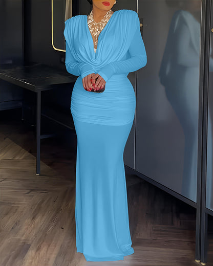 Cowl Neck Ruched Zipper Back Slim Fit Maxi Dress Casual Padded Shoulders Backless Evening Dress