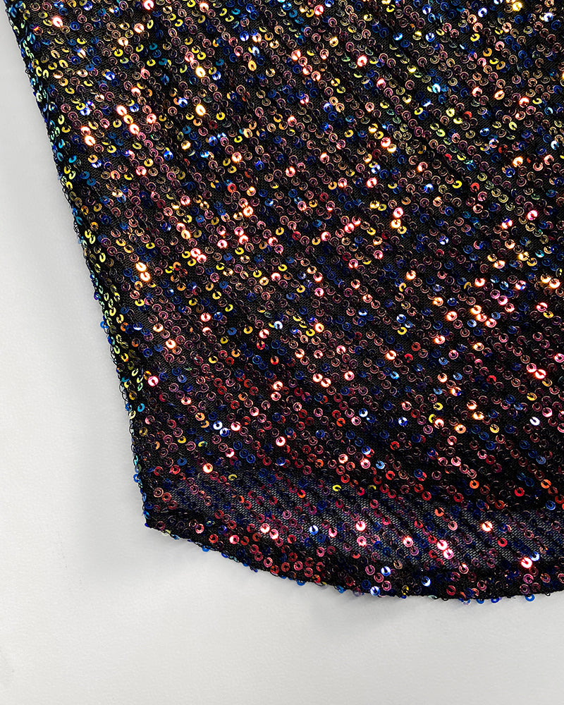 V-Neck Allover Sequin Thick Strap Sleeveless Tank Casual Top