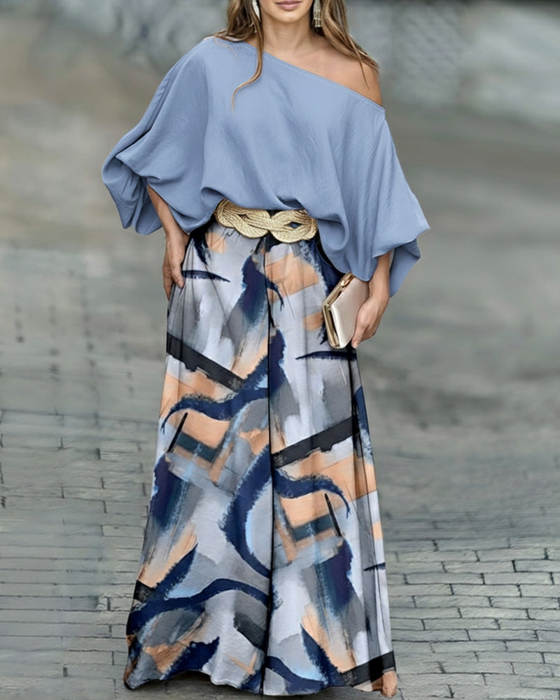 2 Pieces Outfit Skew Neck Batwing Sleeve Stretchy Hem Top and Casual Abstract Print Zipper Fly Elastic Back Waist Wide Leg Pants Set without Belt