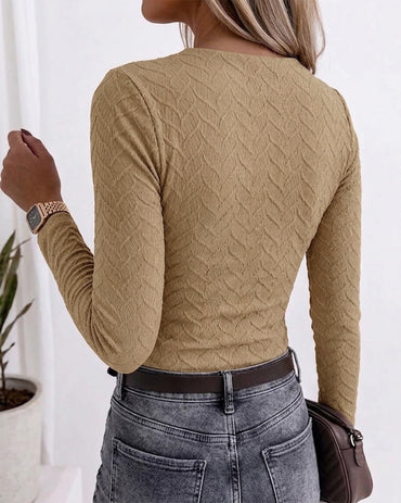 Women's Asymmetrical Neck Gold Buckle Twist Long Sleeve Top Textured Slim Fit Tee