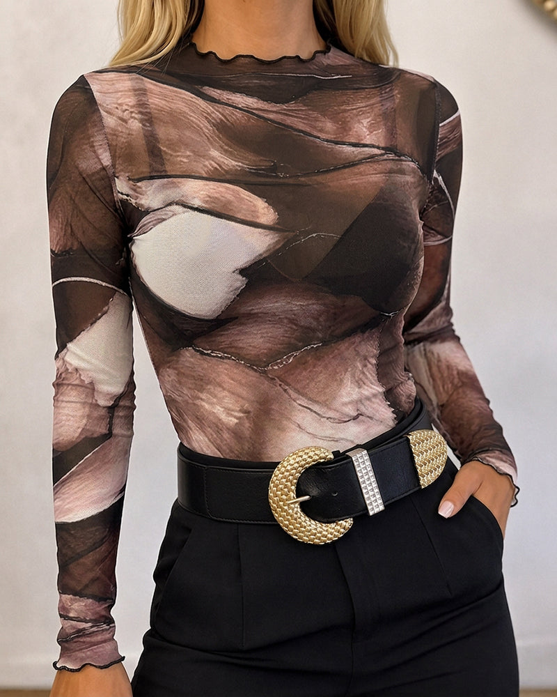 Women's Sheer Mesh Tie Dye Print Mock Neck Frill Trim Long Sleeve Top