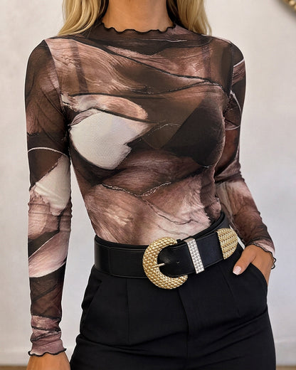 Women's Sheer Mesh Tie Dye Print Mock Neck Frill Trim Long Sleeve Top