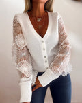 Women's Mesh Long Sleeve Cardigan Embroidered V Neck Knit Sweater Rhinestone Button Ribbed Slim Fit Casual Coat
