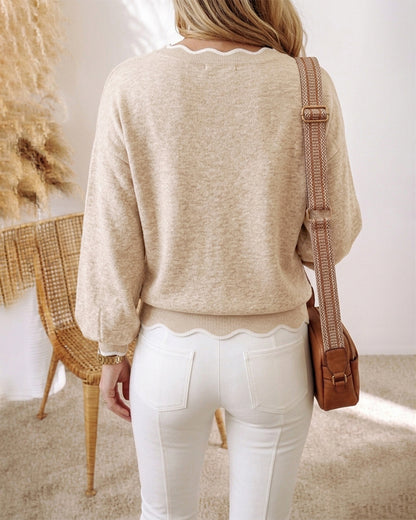 Women's Contrast Scallop Trim Knit Top V Neck Lantern Sleeve Loose Fit Casual Pullover Sweater