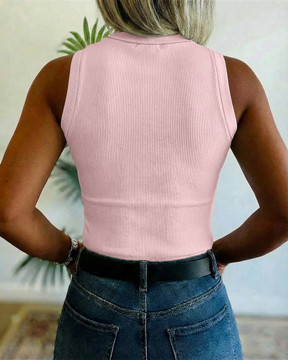 Rhinestone Decor O-neck Sleeveless Knit Tee Slim Fit Tank Top