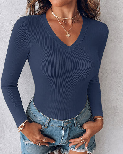 Women's V Neck Long Sleeve Ribbed Knit Top Slim Fit Base Layer Shirt Soft Stretchy Casual Tee with Built-in Bra