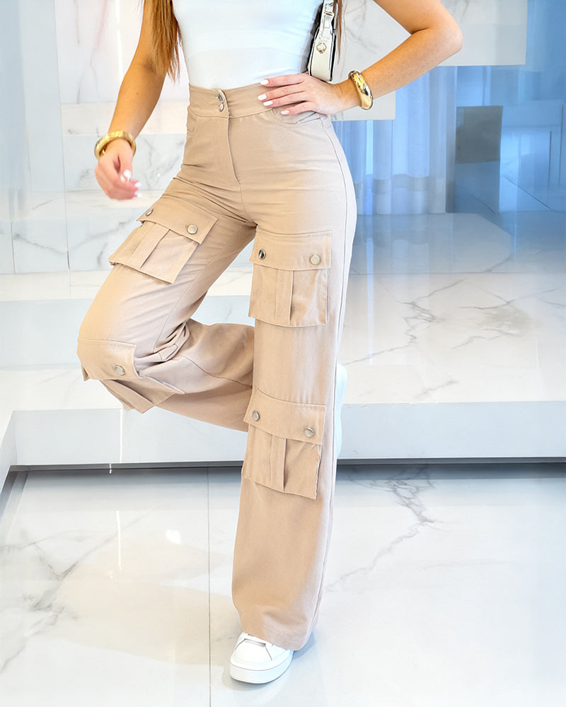 High Waist Zipper Fly Multiple Flap Pockets Design Utility Pants Casual Elastic Back Waist Wide Leg Cargo Pants
