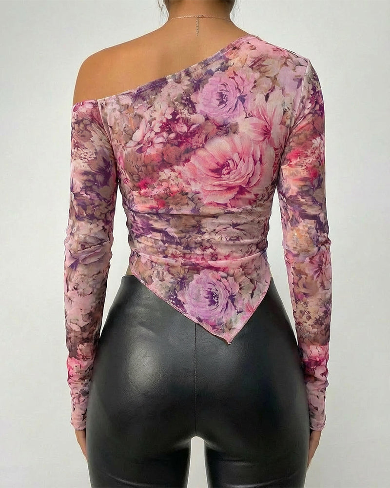Floral Print Skew Neck Long Sleeve Asymmetrical Hem Tee Slim Fit Side Ruched Sheer Mesh Top with Thumb Hole Cuffs & Lining