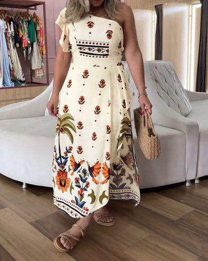 Tribal Print One Shoulder Flutter Sleeve Dress Casual Slim Fit Slit Asymmetrical Hem Vacation Dress