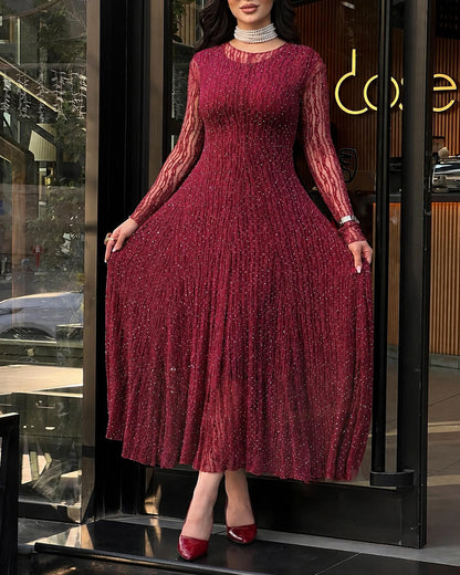 Vestido largo de noche de línea A para mujer, con cuello redondo, mangas largas de encaje, strass y textura
