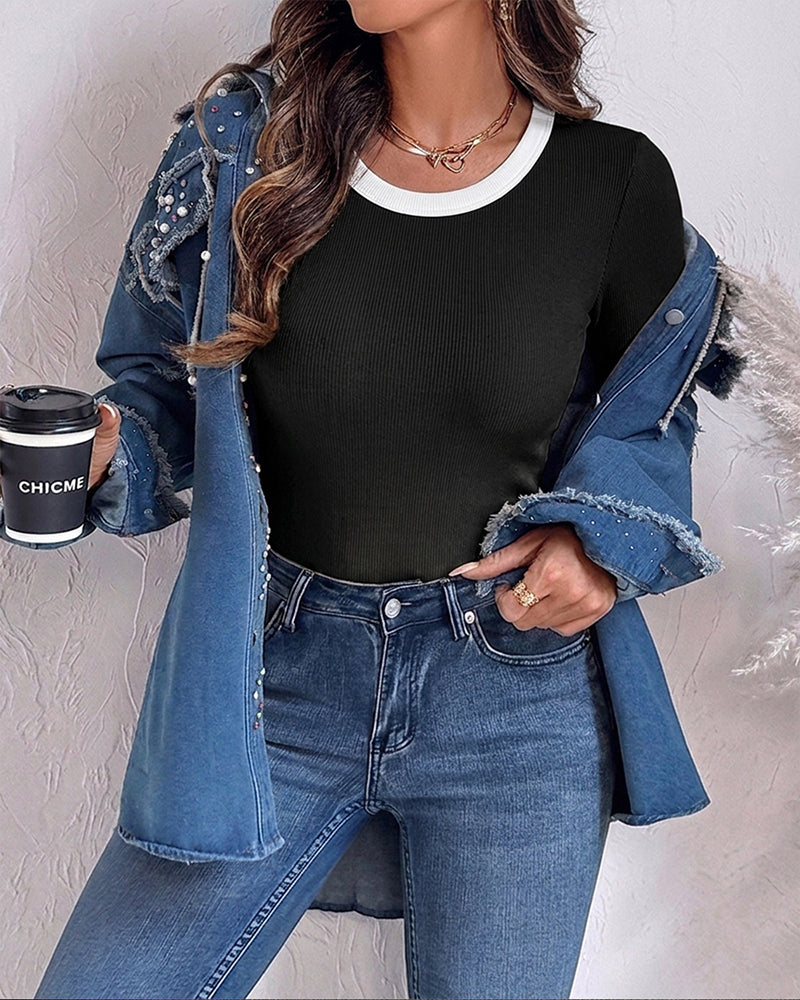 Women's Ribbed Long Sleeve Top Contrast Trim Crew Neck Fitted T Shirt