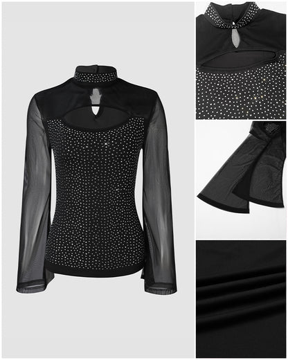 Women's Rhinestone Sheer Mesh Patchwork Cutout Mock Neck Long Sleeve Top