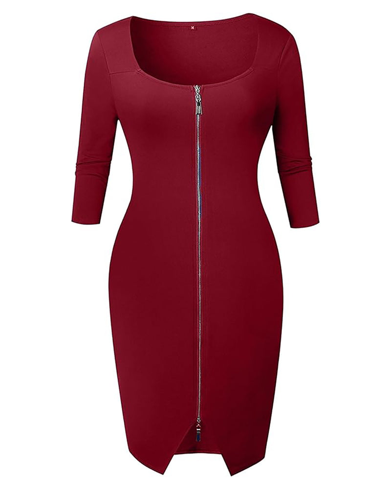 Square Neck Half Sleeves Bodycon Dress Full Front Zip Split Midi Dress