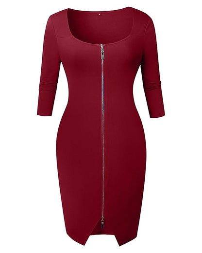 Square Neck Half Sleeves Bodycon Dress Full Front Zip Split Midi Dress