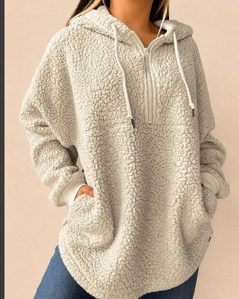 Women's Half Zip Oversized Fleece Hoodie Top Casual Drawstring Slit Hem Fuzzy Pullover Sweatshirt