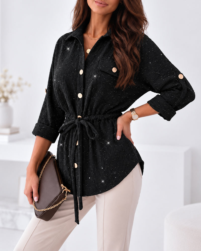 Women's Glitter Textured Drawstring Waist Roll-Up Sleeves Blouse