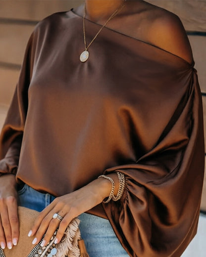 Women's Off Shoulder Satin Blouse Lantern Long Sleeve Shirt Casual Loose Fit Skew Neck Top