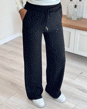 Women's Rhinestone Straight Leg Pants High Waisted Drawstring Lounge Pants Loose Casual Trousers with Pockets