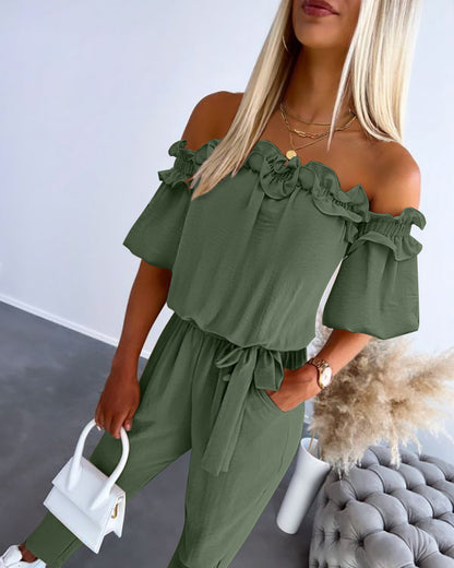 Off Shoulder Frill Hem Tied Detail Jumpsuit