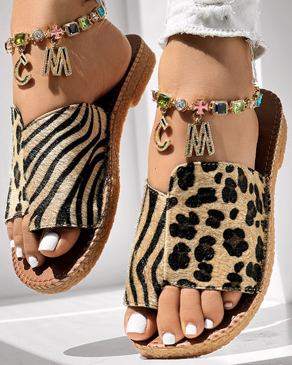 Zebra Stripe Leopard Pattern Toe Post Slippers