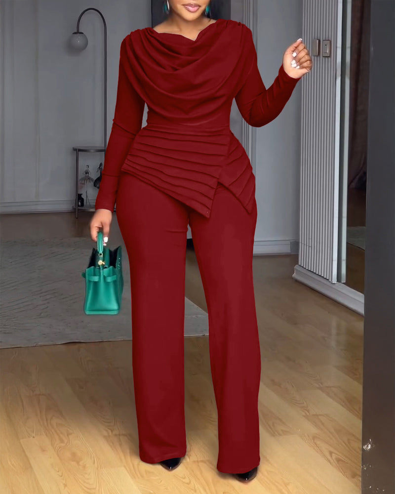 Cowl Neck Asymmetrical Textured Patchwork Cinched Waist Jumpsuit Casual Zipper Back Wide Leg Jumpsuit