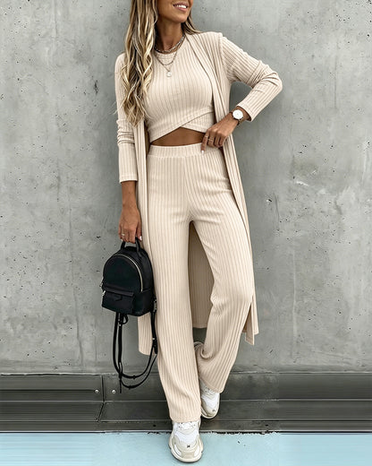 Women's 3 Piece Knit Set Long Cardigan Criss Cross Crop Tank Top and Wide Leg Pants Casual Ribbed Brushed Lounge Set
