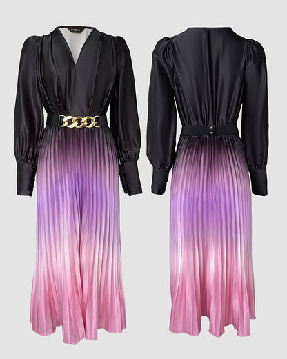 Ombre Plunge Pleated Midi Dress With Chain Decor Belt