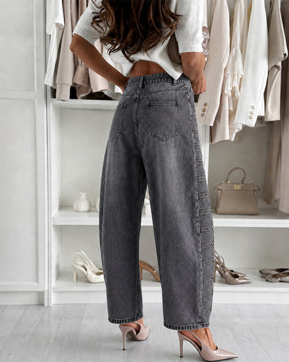Women's Barrel Jeans High Waisted Side Button Denim Pants Distressed Washed Baggy Trousers Retro Y2K Streetwear
