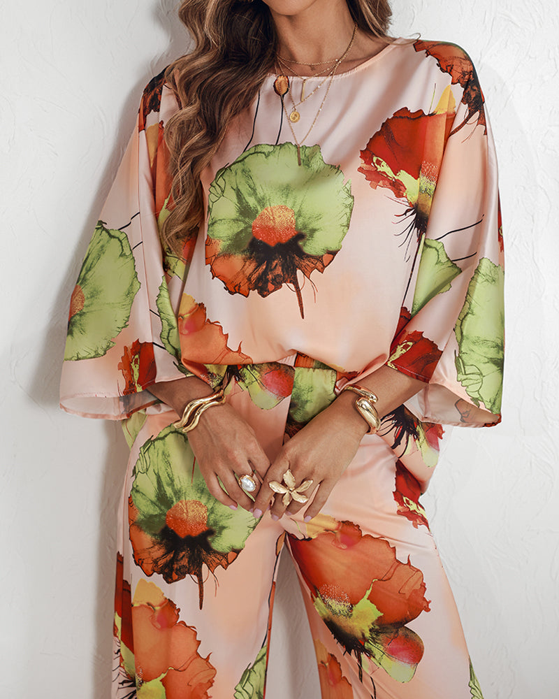 2 Pieces Outfit Floral Print Skew Neck Batwing Sleeve Top and Casual Elastic Wasit Wide Leg Pants Set