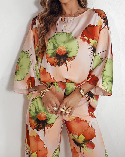 2 Pieces Outfit Floral Print Skew Neck Batwing Sleeve Top and Casual Elastic Wasit Wide Leg Pants Set