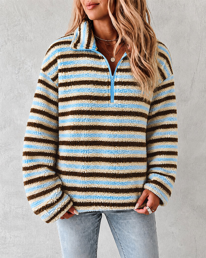 Women's Striped Fleece Sweatshirt Half Zip Fuzzy Sherpa Pullover Top