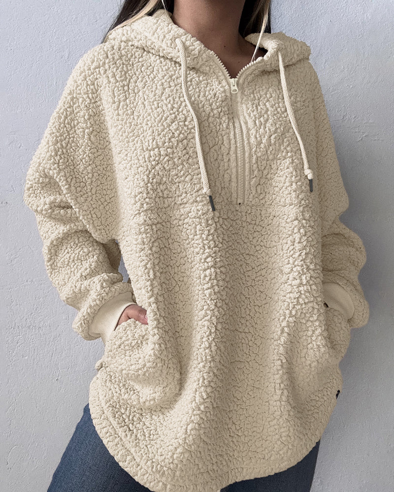 Women's Half Zip Oversized Fleece Hoodie Top Casual Drawstring Slit Hem Fuzzy Pullover Sweatshirt
