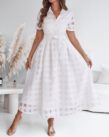 Turn Down Collar Plaid Mesh Double Layered Cinched Waist Maxi Dress Button Down Bow Tie Waist Commuting Dress