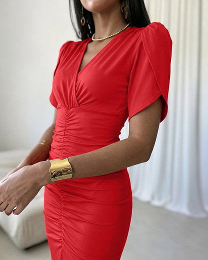 Women's Ruched V Neck Midi Dress Petal Short Sleeve Slit Party Gown Elegant Evening Dress