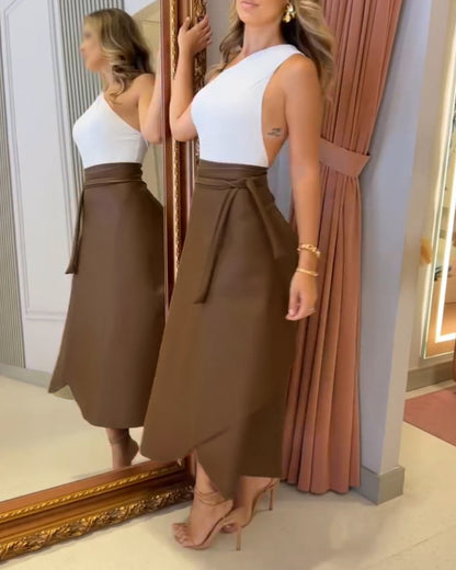 PU Leather Wrap Lace-Up Casual Mid-Length Skirt Work Skirt